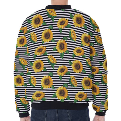 Stripe Sunflower Pattern Print Zip Sleeve Bomber Jacket