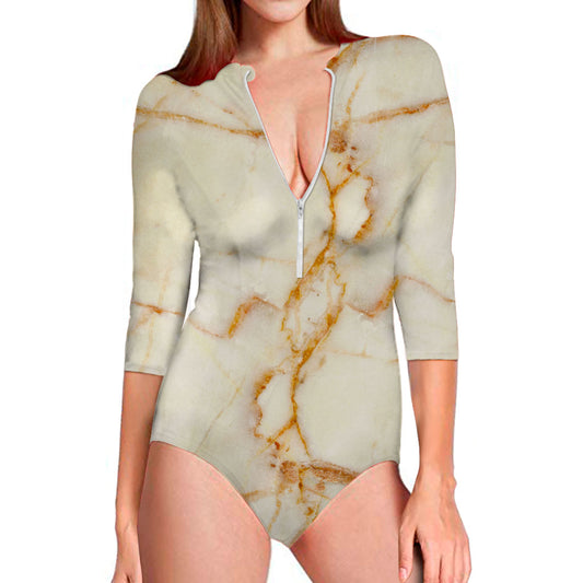 Sugar Brown Marble Print Long Sleeve Swimsuit