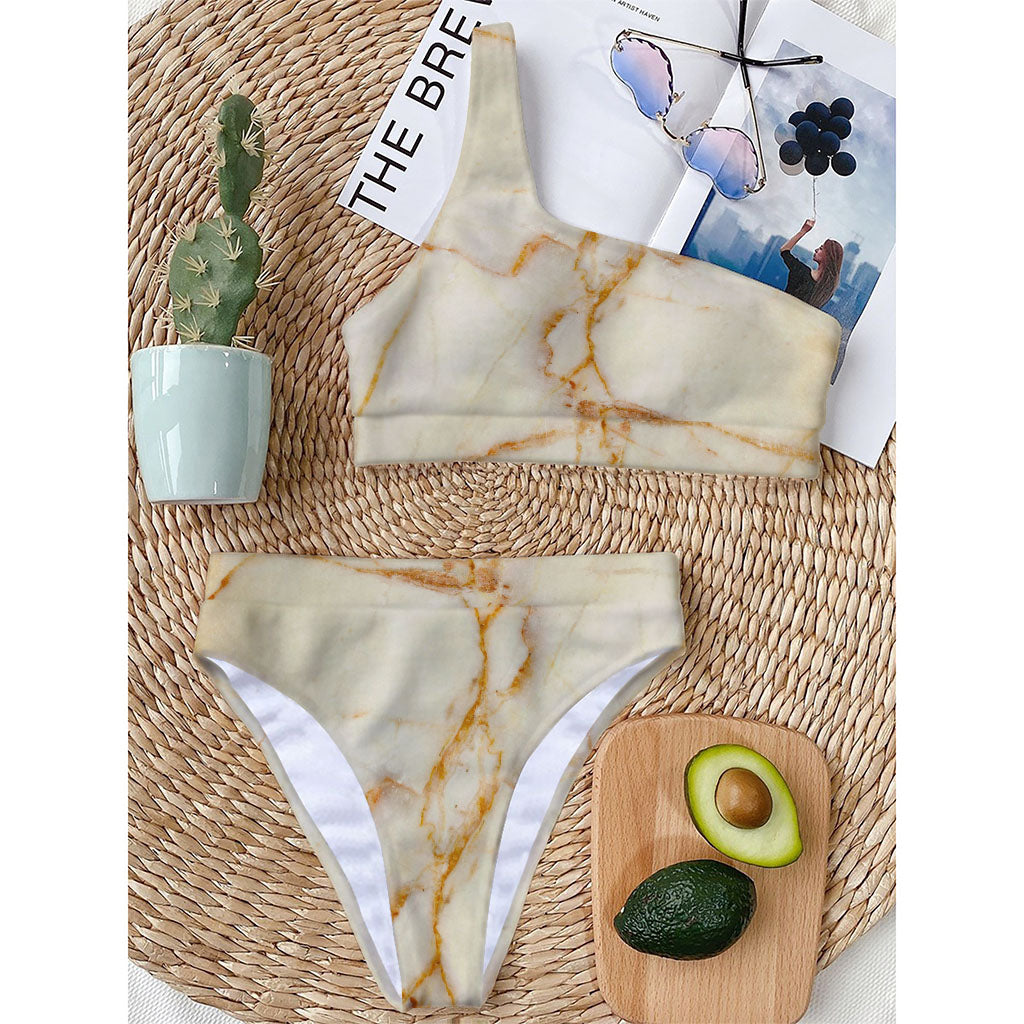 Sugar Brown Marble Print One Shoulder Bikini Top