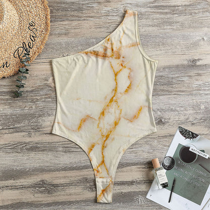 Sugar Brown Marble Print One Shoulder Bodysuit