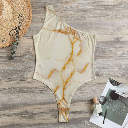 Sugar Brown Marble Print One Shoulder Bodysuit