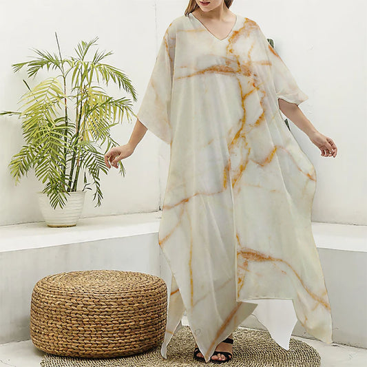Sugar Brown Marble Print Silk V-Neck Kaftan Dress