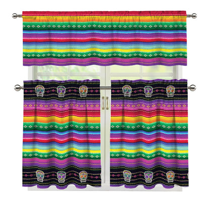 Sugar Skull Mexican Serape Pattern Print 3 Piece Kitchen Curtains