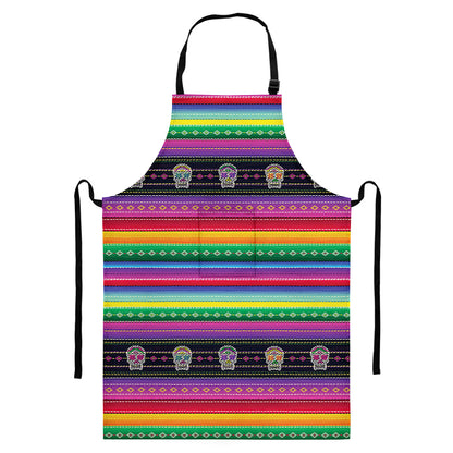 Sugar Skull Mexican Serape Pattern Print Bib Apron With Pocket