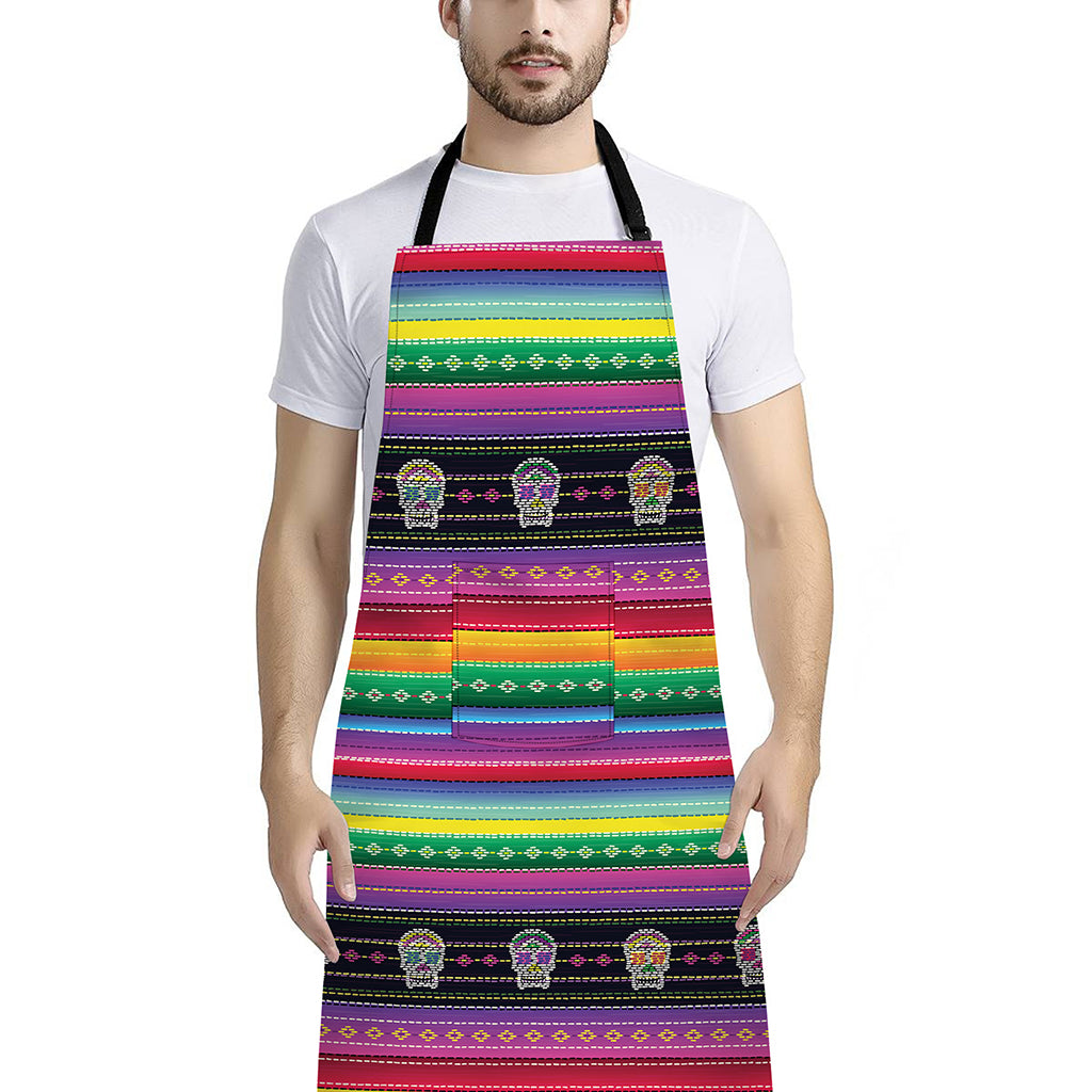 Sugar Skull Mexican Serape Pattern Print Bib Apron With Pocket