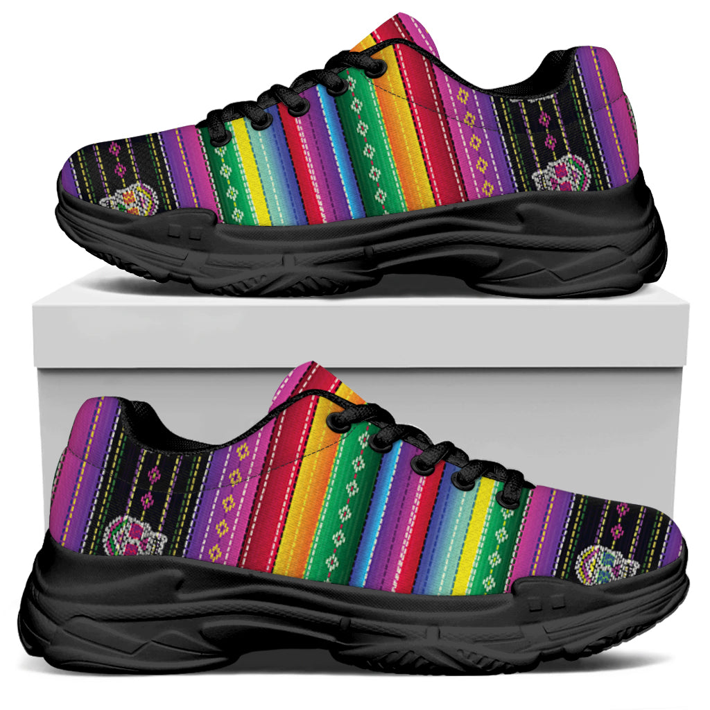 Sugar Skull Mexican Serape Pattern Print Black Chunky Shoes