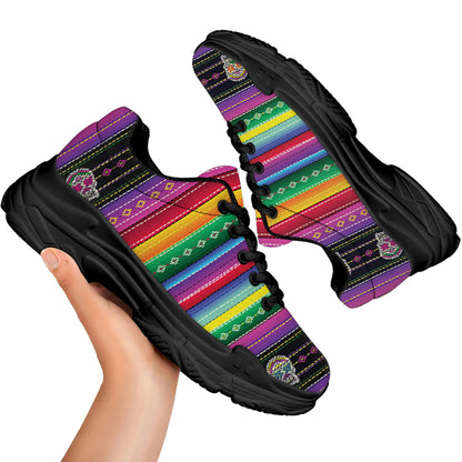 Sugar Skull Mexican Serape Pattern Print Black Chunky Shoes