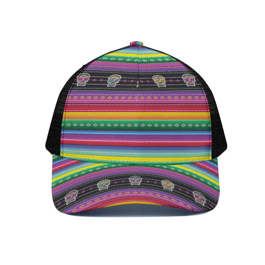 Sugar Skull Mexican Serape Pattern Print Black Mesh Trucker Cap