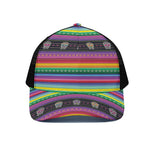 Sugar Skull Mexican Serape Pattern Print Black Mesh Trucker Cap