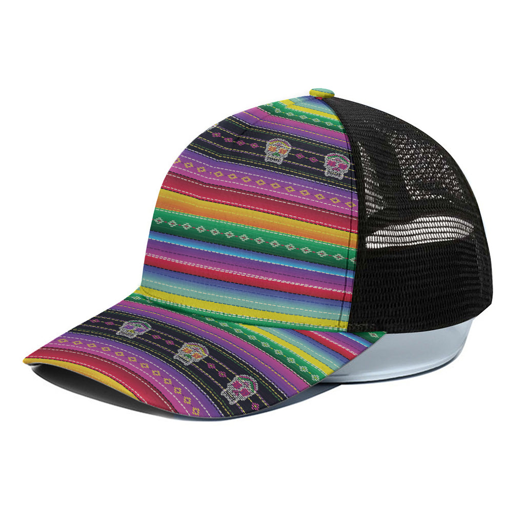 Sugar Skull Mexican Serape Pattern Print Black Mesh Trucker Cap