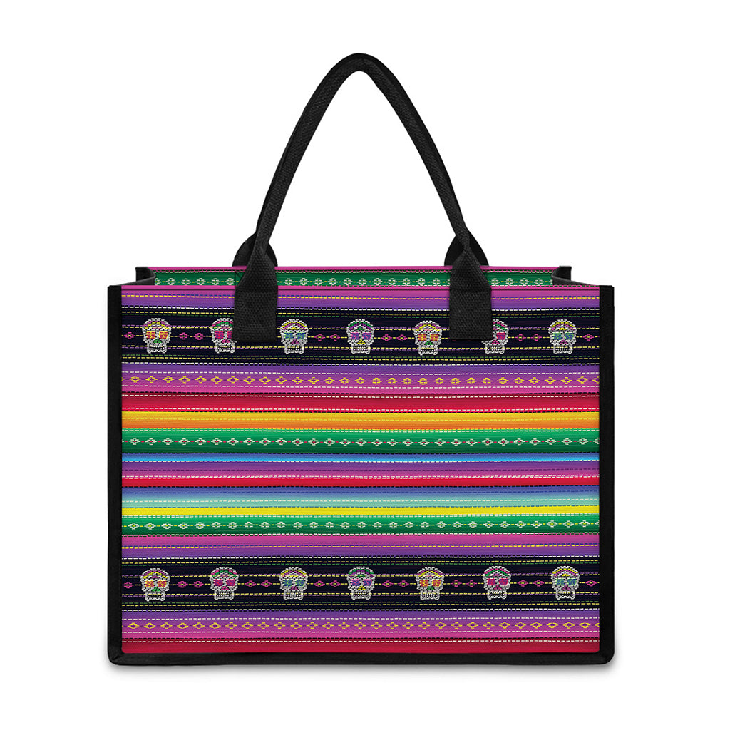 Sugar Skull Mexican Serape Pattern Print Canvas Tote Bag
