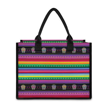 Sugar Skull Mexican Serape Pattern Print Canvas Tote Bag