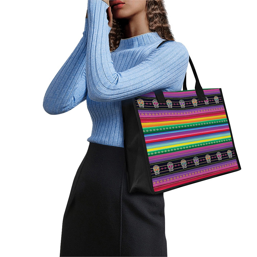 Sugar Skull Mexican Serape Pattern Print Canvas Tote Bag