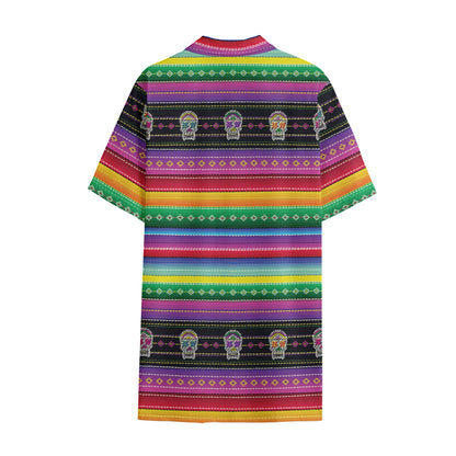 Sugar Skull Mexican Serape Pattern Print Cotton Hawaiian Shirt