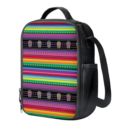 Sugar Skull Mexican Serape Pattern Print Crossbody Lunch Bag