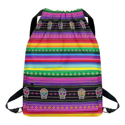 Sugar Skull Mexican Serape Pattern Print Drawstring Backpack