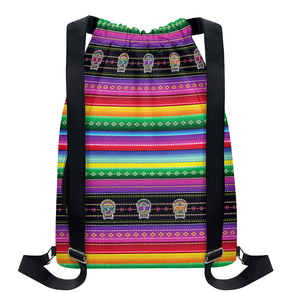 Sugar Skull Mexican Serape Pattern Print Drawstring Backpack