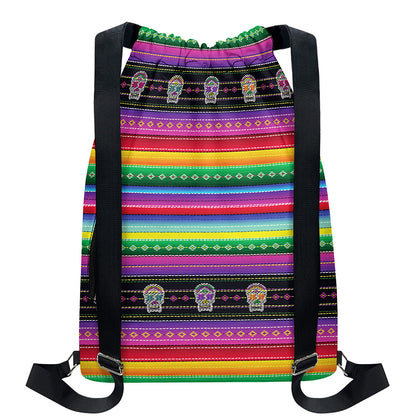 Sugar Skull Mexican Serape Pattern Print Drawstring Backpack