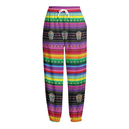 Sugar Skull Mexican Serape Pattern Print Fleece Lined Knit Pants