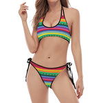 Sugar Skull Mexican Serape Pattern Print Halter Scoop Tie Side Bikini