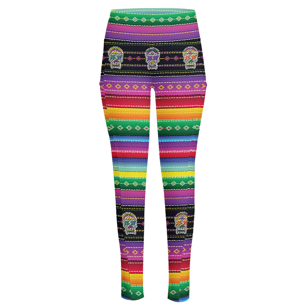 Sugar Skull Mexican Serape Pattern Print High-Waisted Pocket Leggings