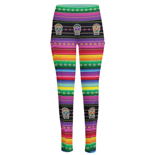 Sugar Skull Mexican Serape Pattern Print High-Waisted Pocket Leggings
