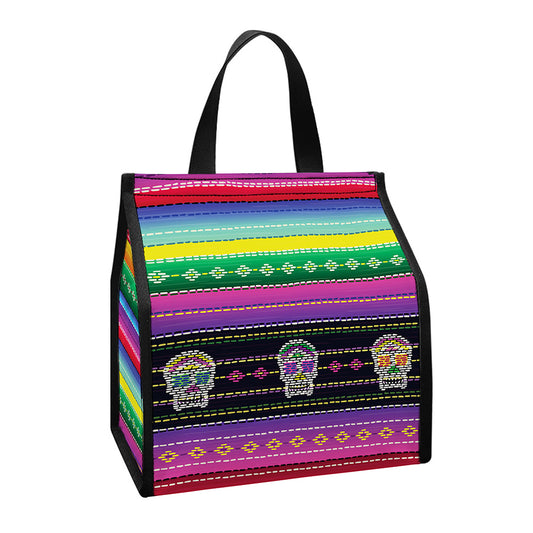 Sugar Skull Mexican Serape Pattern Print Insulated Lunch Tote