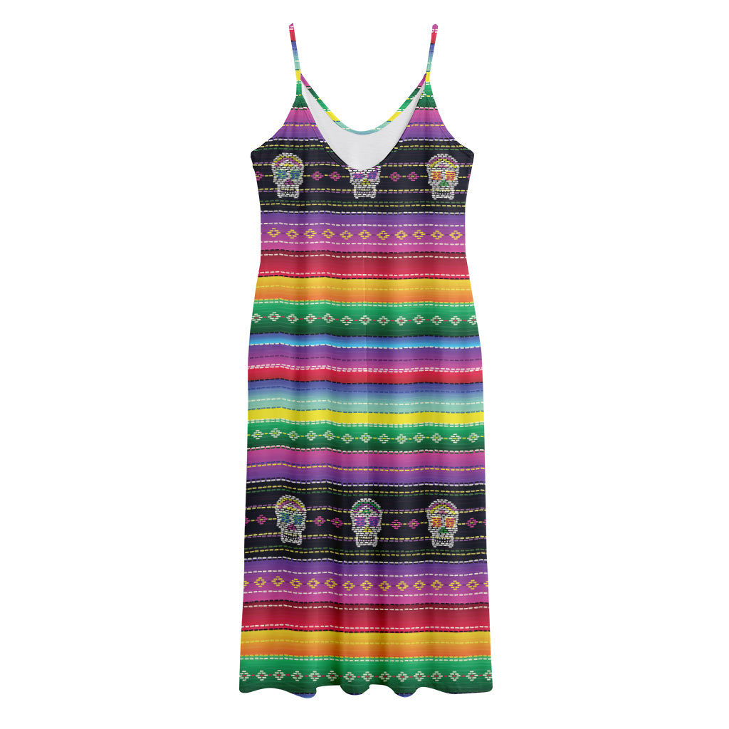 Sugar Skull Mexican Serape Pattern Print Jersey Midi Cami Dress