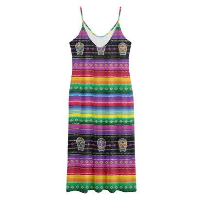 Sugar Skull Mexican Serape Pattern Print Jersey Midi Cami Dress