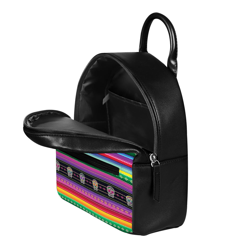 Sugar Skull Mexican Serape Pattern Print Leather Backpack