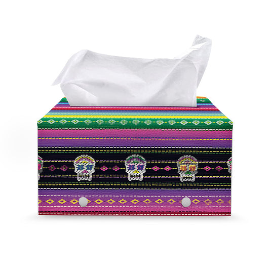 Sugar Skull Mexican Serape Pattern Print Leather Tissue Box Cover
