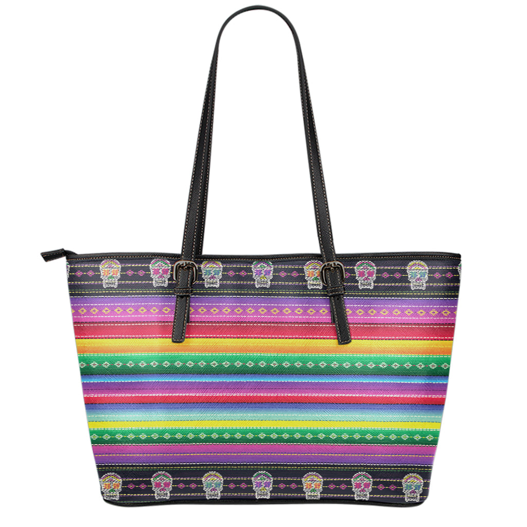 Sugar Skull Mexican Serape Pattern Print Leather Tote Bag