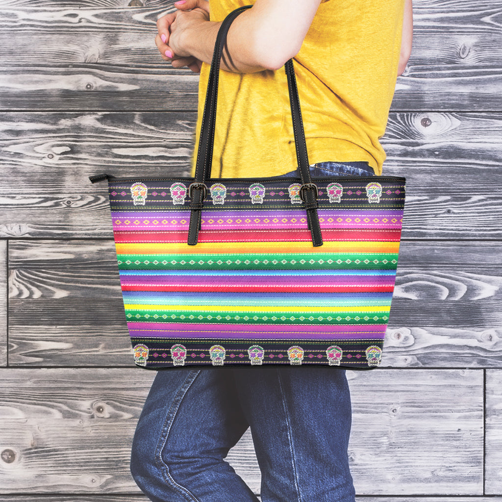 Sugar Skull Mexican Serape Pattern Print Leather Tote Bag