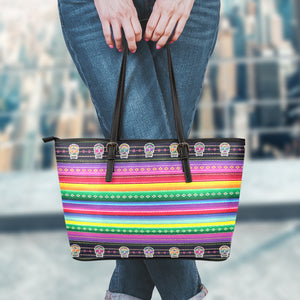 Sugar Skull Mexican Serape Pattern Print Leather Tote Bag