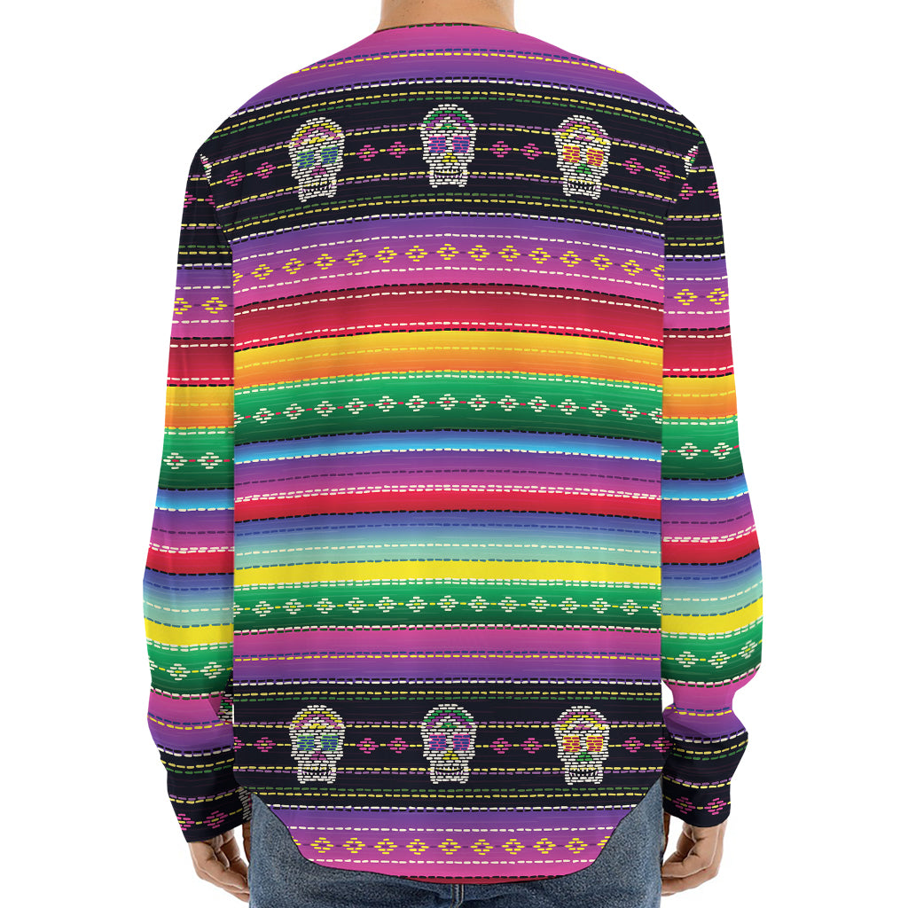 Sugar Skull Mexican Serape Pattern Print Long Sleeve Baseball Jersey