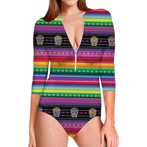 Sugar Skull Mexican Serape Pattern Print Long Sleeve Swimsuit