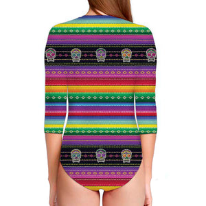 Sugar Skull Mexican Serape Pattern Print Long Sleeve Swimsuit