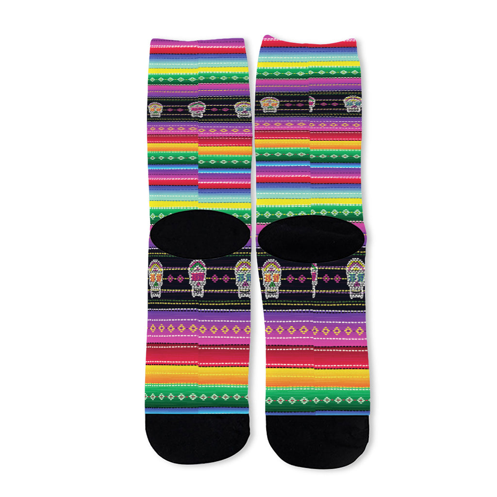 Sugar Skull Mexican Serape Pattern Print Long Socks