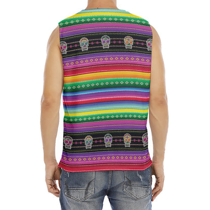 Sugar Skull Mexican Serape Pattern Print Men's Fitness Tank Top