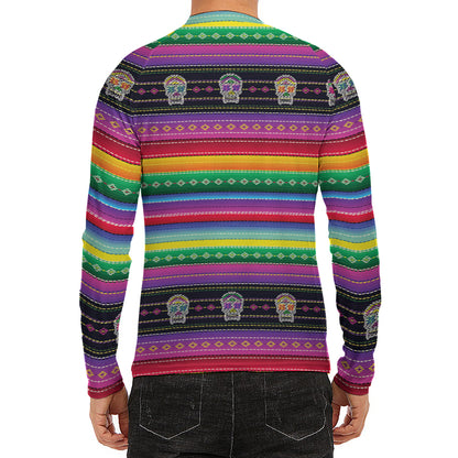 Sugar Skull Mexican Serape Pattern Print Men's Long Sleeve Rash Guard