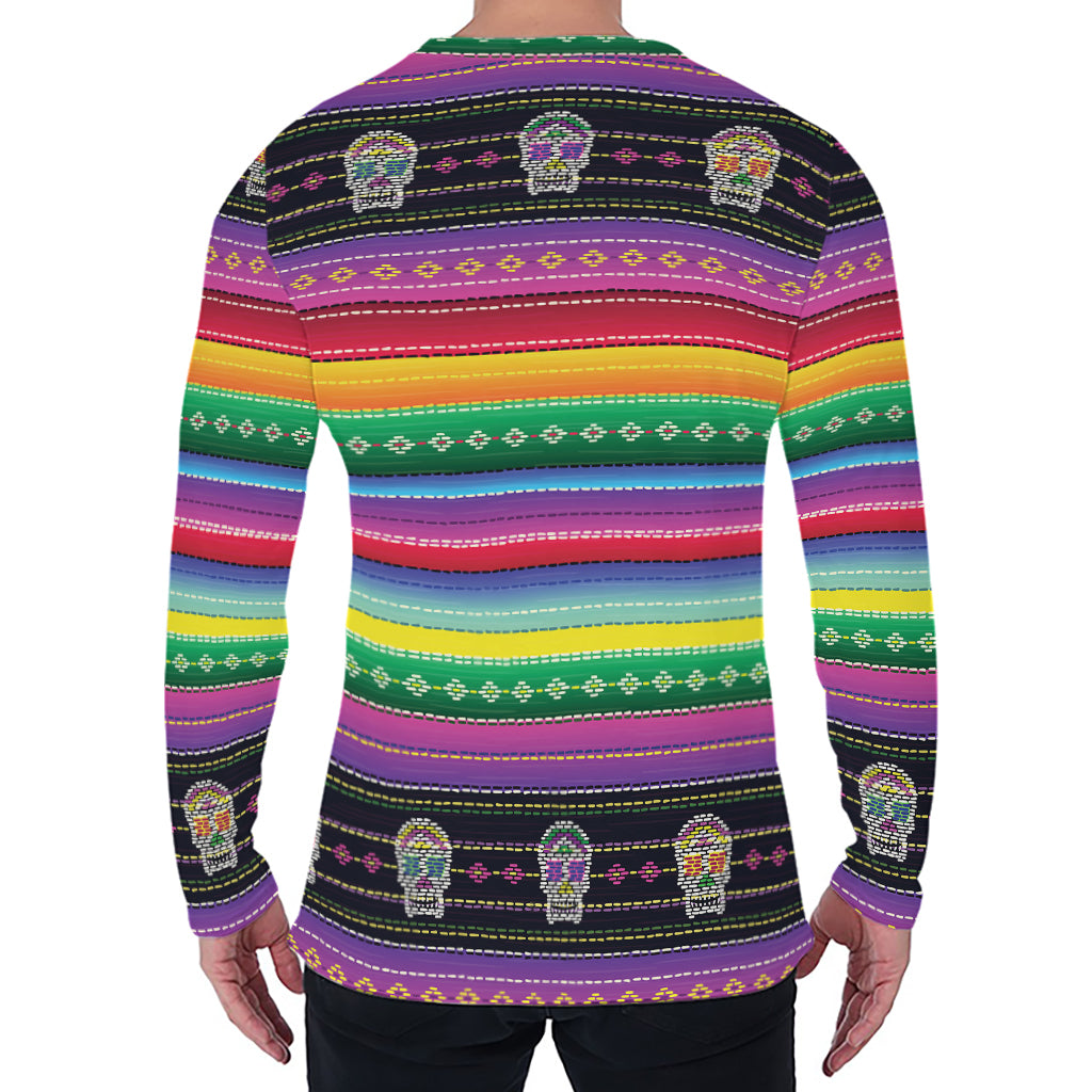 Sugar Skull Mexican Serape Pattern Print Men's Long Sleeve T-Shirt