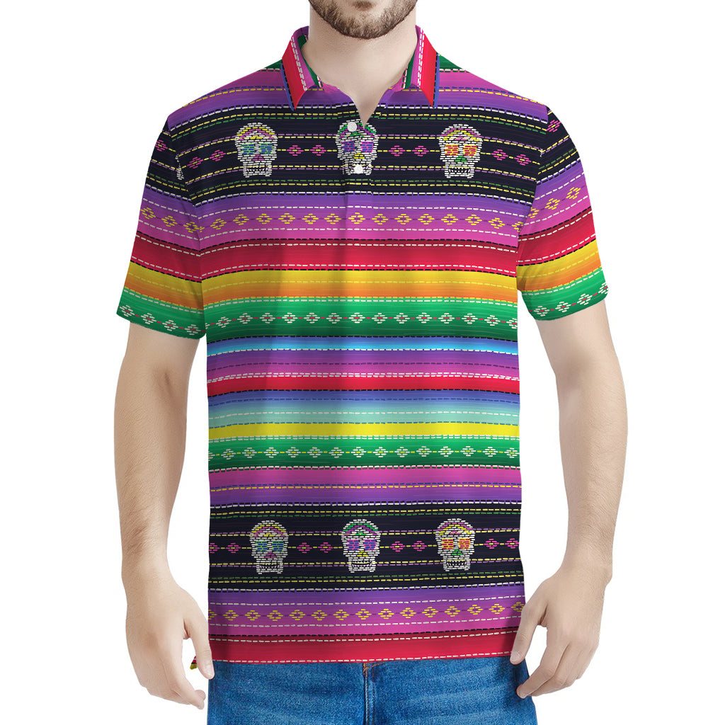Sugar Skull Mexican Serape Pattern Print Men's Polo Shirt