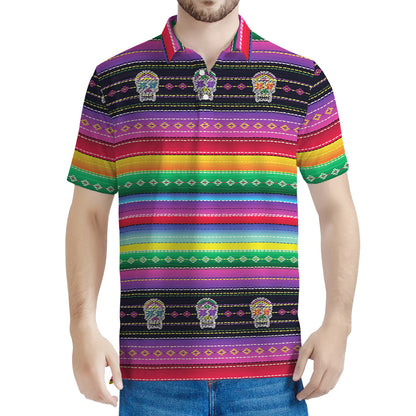 Sugar Skull Mexican Serape Pattern Print Men's Polo Shirt
