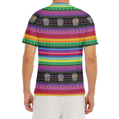 Sugar Skull Mexican Serape Pattern Print Men's Short Sleeve Rash Guard