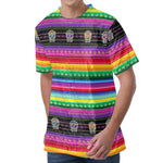 Sugar Skull Mexican Serape Pattern Print Men's Velvet T-Shirt