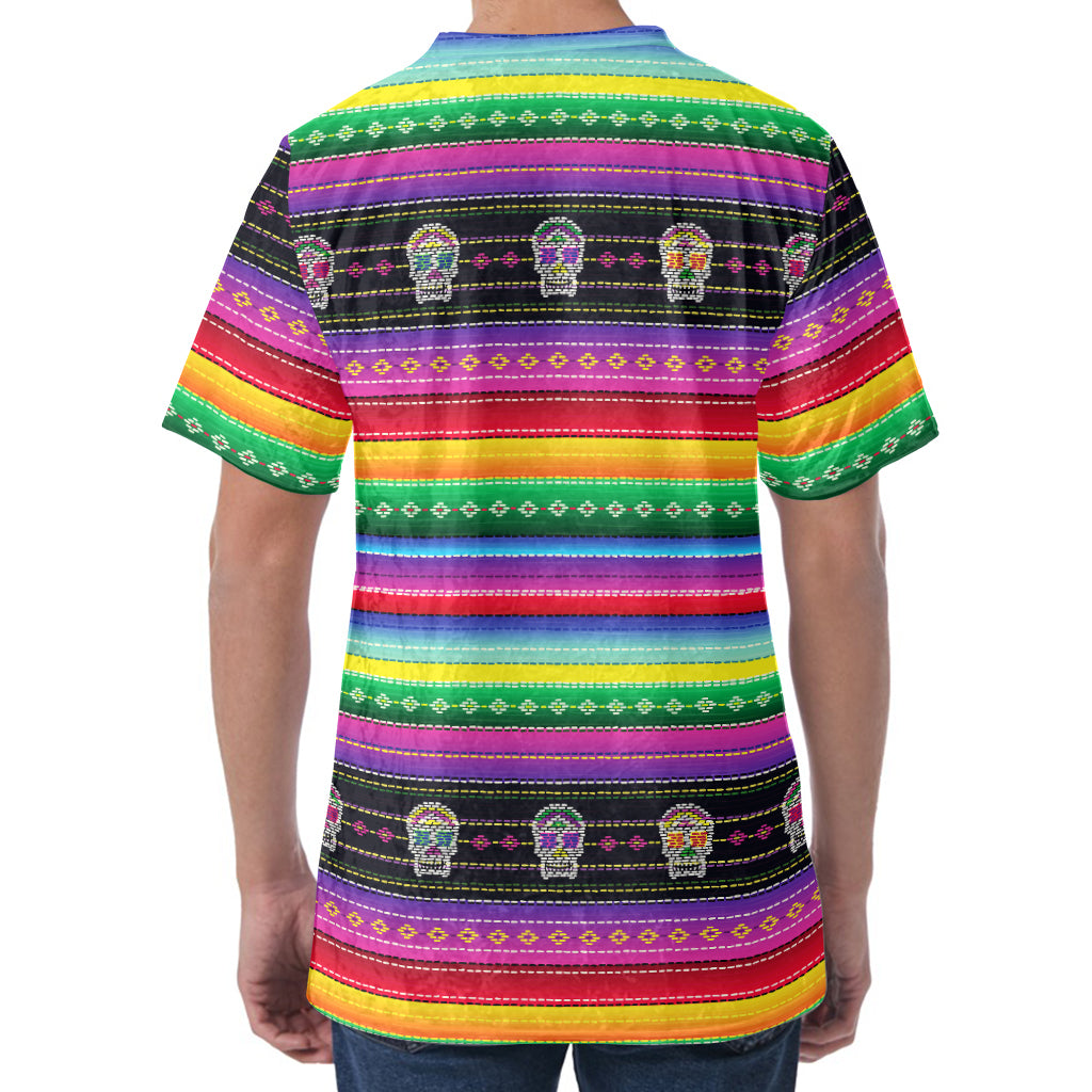 Sugar Skull Mexican Serape Pattern Print Men's Velvet T-Shirt