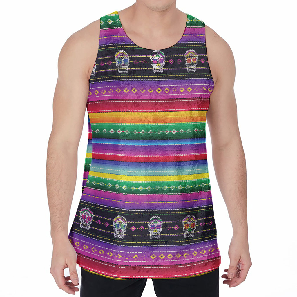 Sugar Skull Mexican Serape Pattern Print Men's Velvet Tank Top