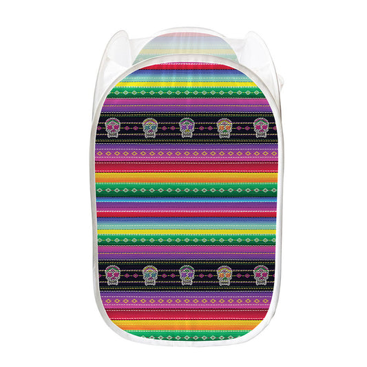 Sugar Skull Mexican Serape Pattern Print Mesh Laundry Hamper
