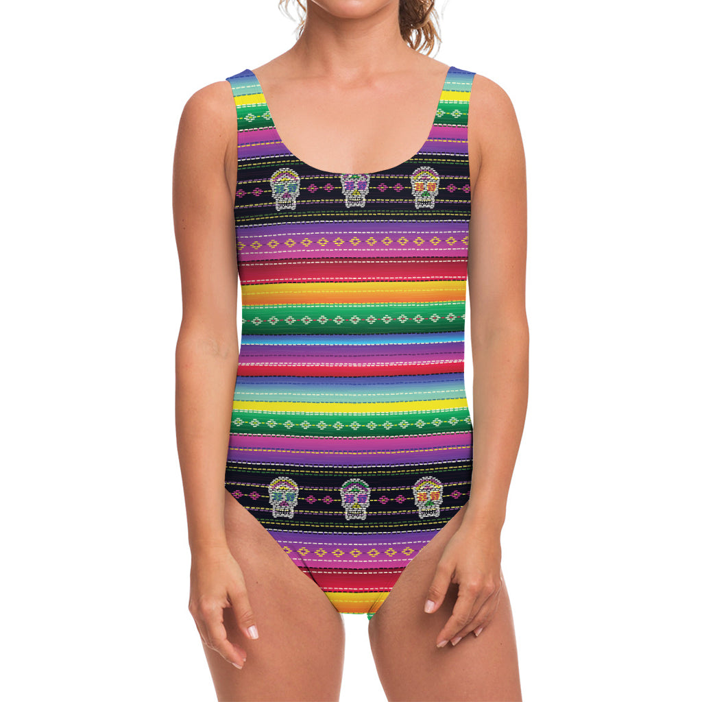 Sugar Skull Mexican Serape Pattern Print One Piece Swimsuit