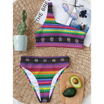 Sugar Skull Mexican Serape Pattern Print One Shoulder Bikini Top